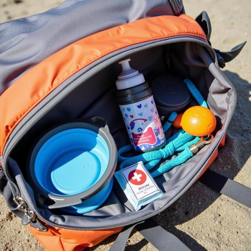 Dog Beach Essentials West Palm Beach:  A beach bag with water bottle, dog bowl, leash, poop bags, and a first-aid kit.