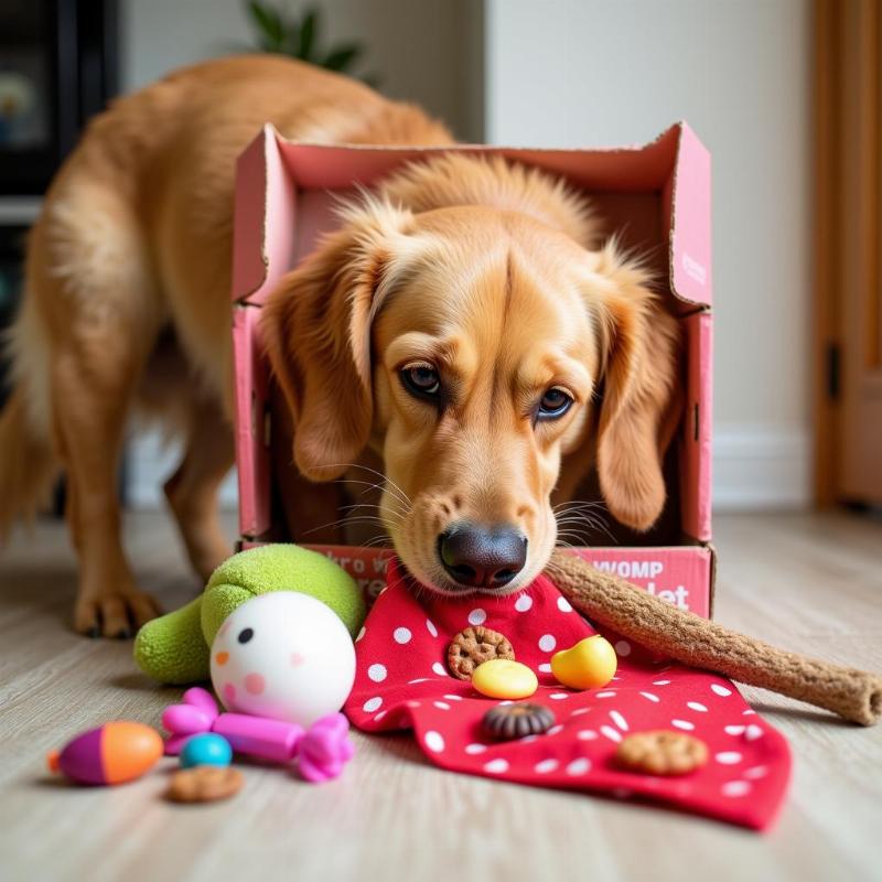 Dog excitedly unboxing a surprise dog box