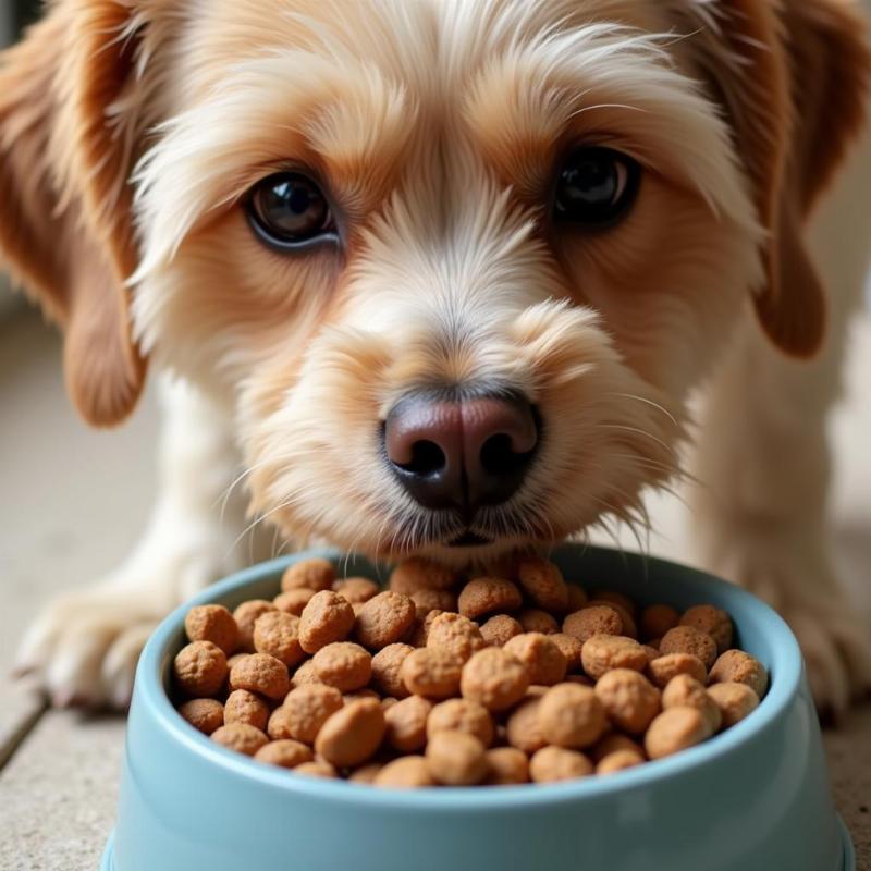 A dog eating from a bowl of high-quality dog food, illustrating the importance of a balanced diet for preventing health issues, including bad breath.