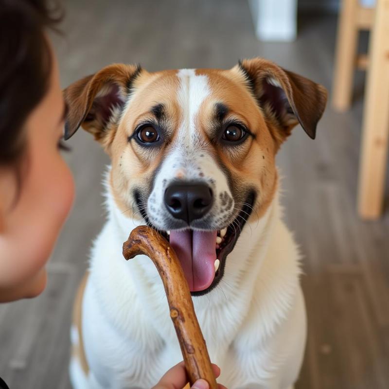 Dog chewing bully stick under supervision