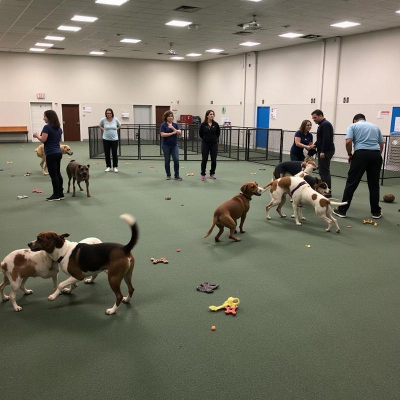 Dogs playing in a spacious and well-maintained daycare play area in Delaware County, PA