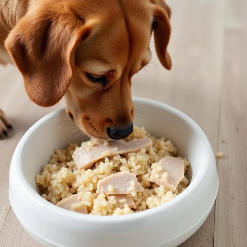 Dog eating a bland diet of chicken and rice