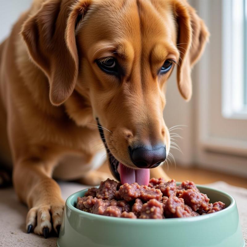 A happy dog eating boiled ground beef.