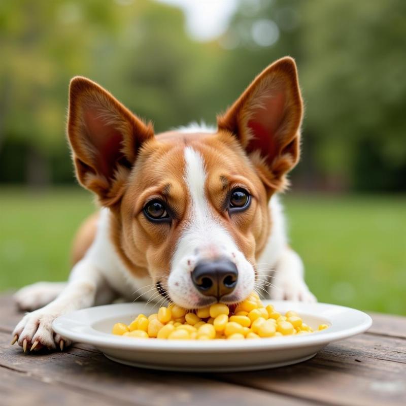 Dog eating corn kernels