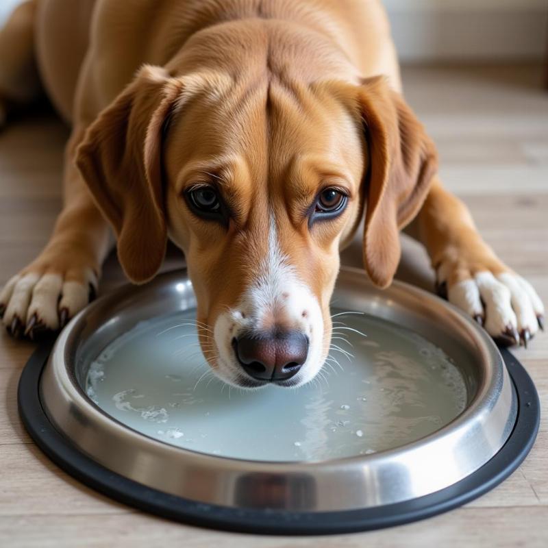 Dog eating from a bowl with fresh water