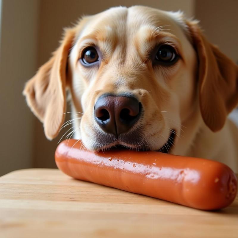 Dog Eating a Small Piece of Hot Dog