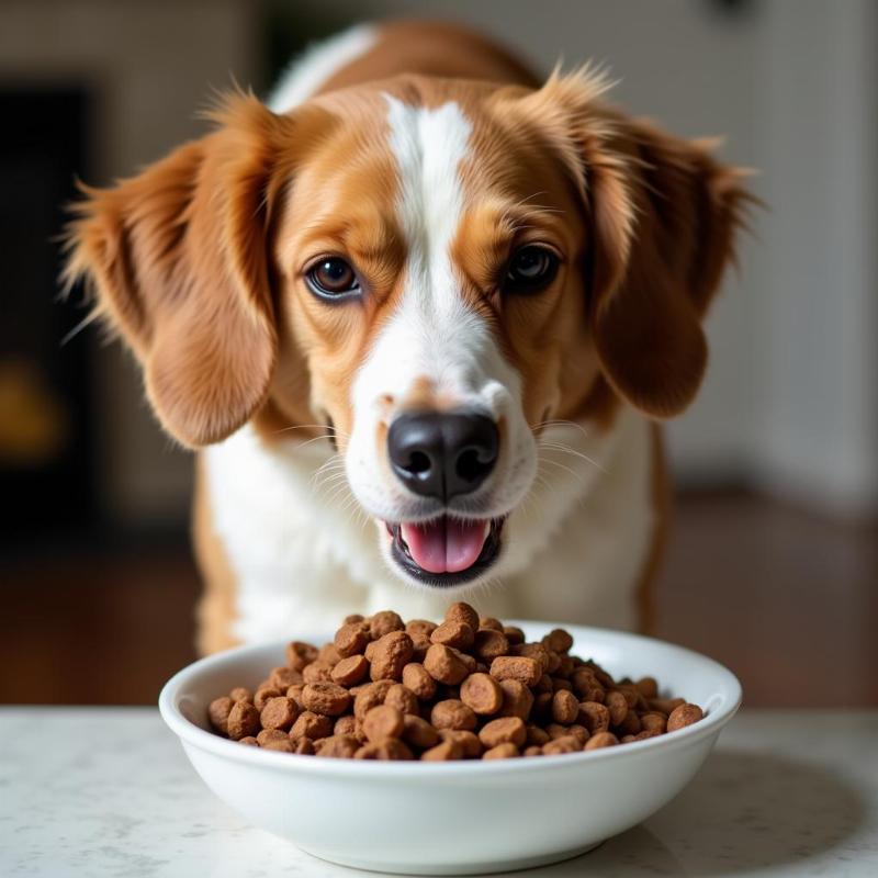 A happy dog enjoying a meal of American-made dog food