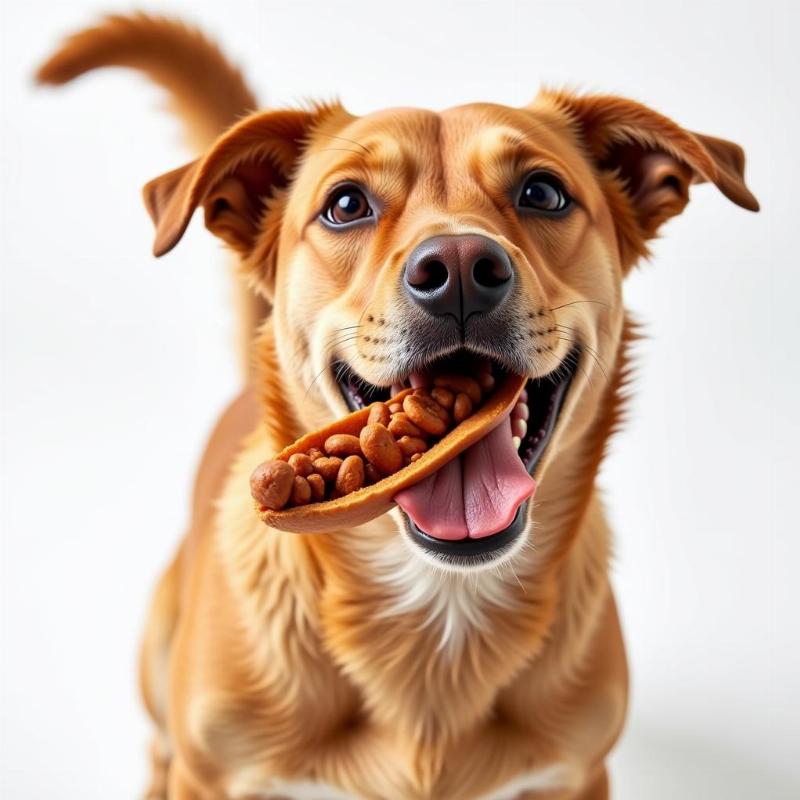 Dog enjoying a stuffed hot dog bun