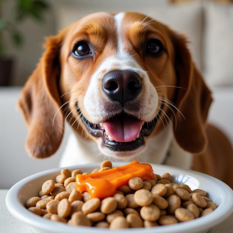 Dog enjoying kibble with topper