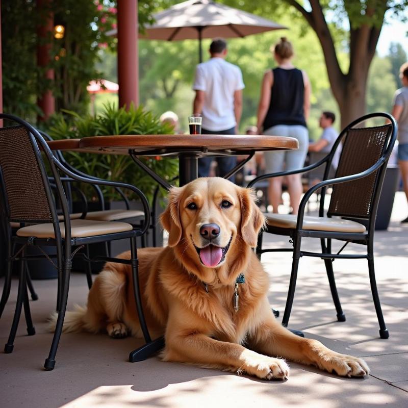 A happy dog relaxing on the patio of a dog-friendly restaurant in Paso Robles.