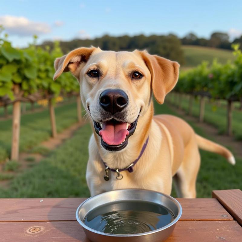 Dog drinking water at a Healdsburg winery