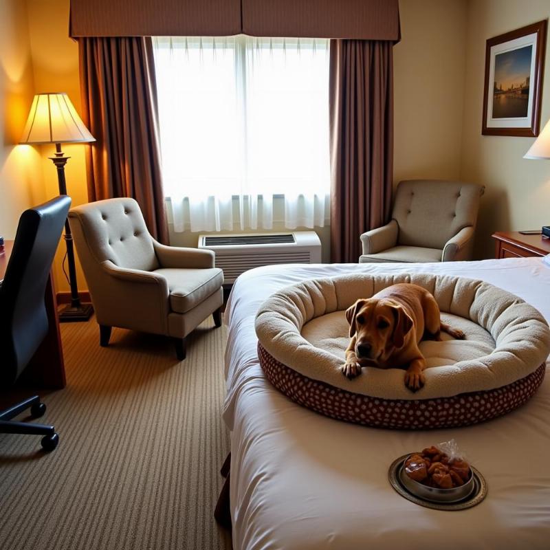 Dog-friendly amenities in a Frankenmuth hotel room: a plush dog bed, water bowl, and welcome treats.