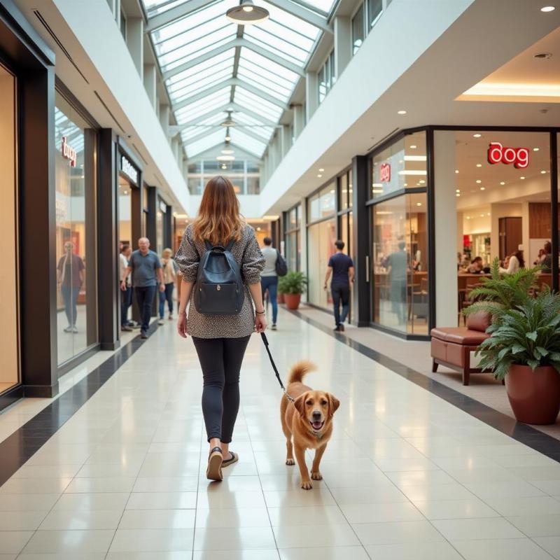 Dog-friendly mall in Illinois: A woman walking her dog in a bright and airy mall, with several dog-friendly stores visible.