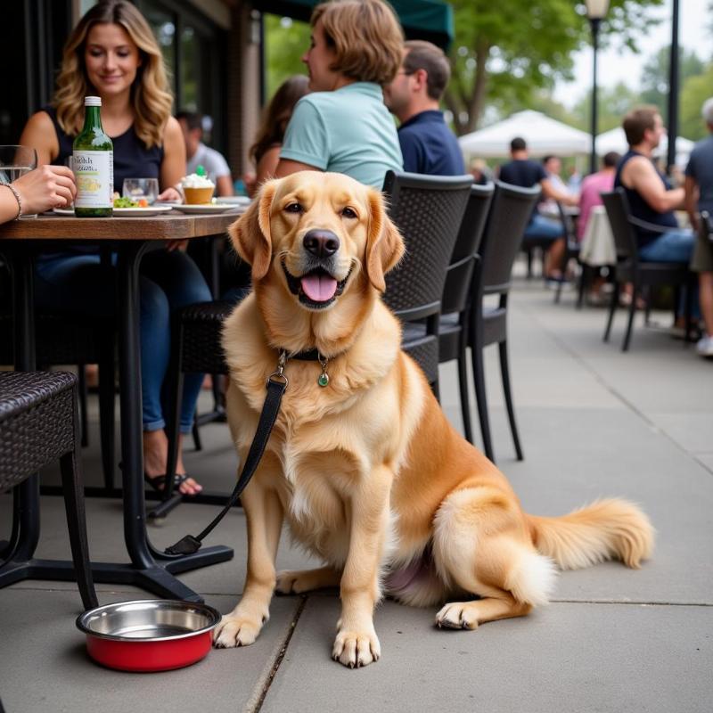 A dog relaxing on the patio of a Hilton Head restaurant