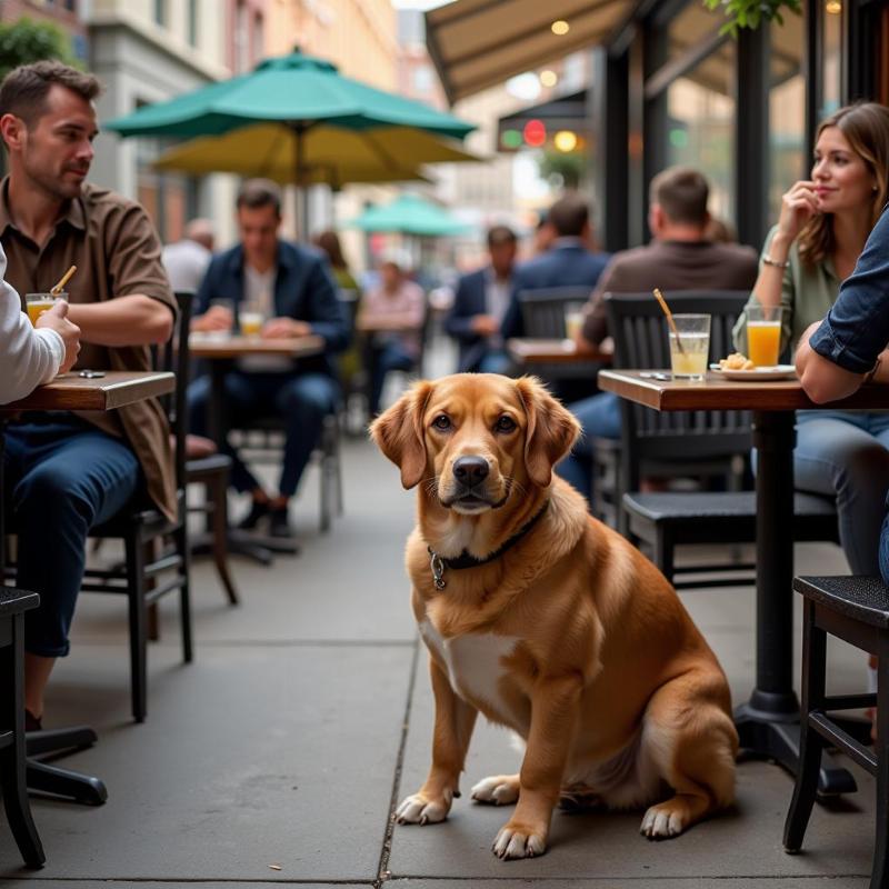 A dog sitting patiently under a table at a dog-friendly patio in Traverse City