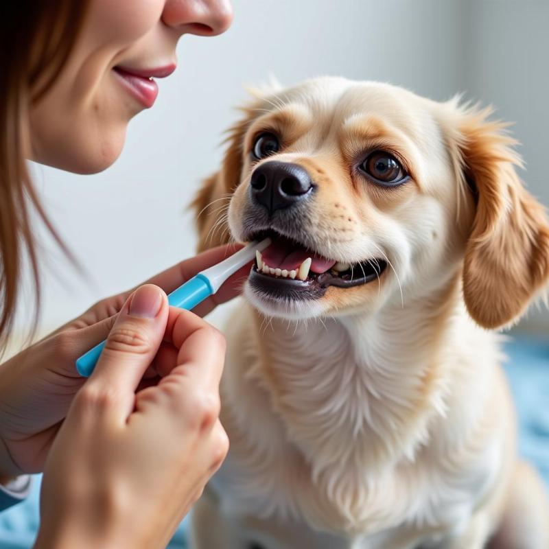 An owner gently brushing their dog's teeth, demonstrating proper dental care techniques.