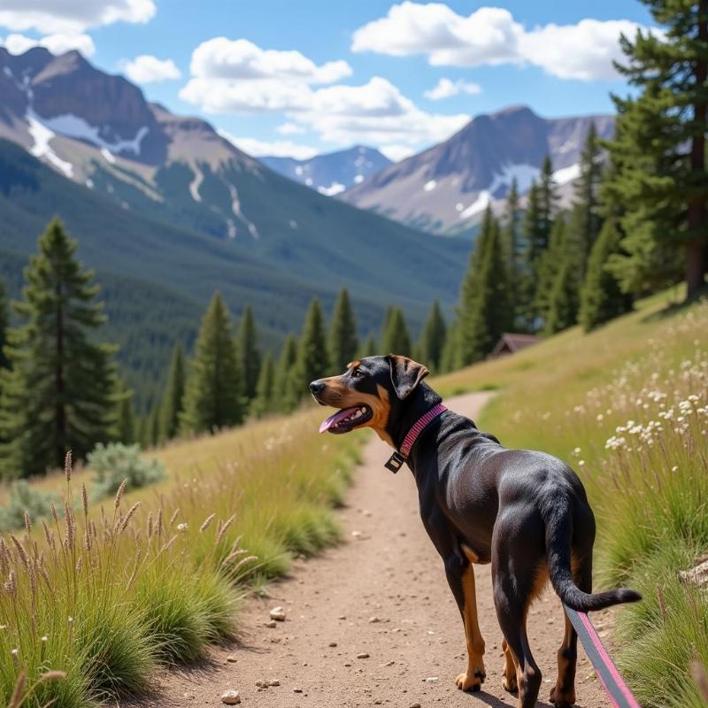 A dog on a leash hiking on a scenic trail in Estes Park, Colorado, with mountains in the background.