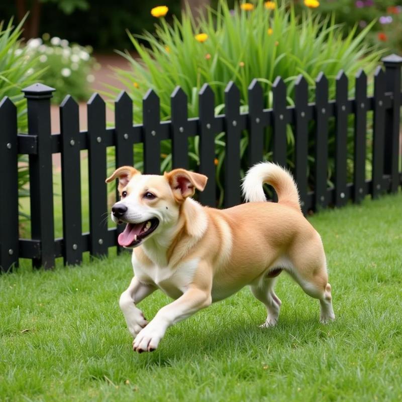 Dog safely playing in a fenced garden