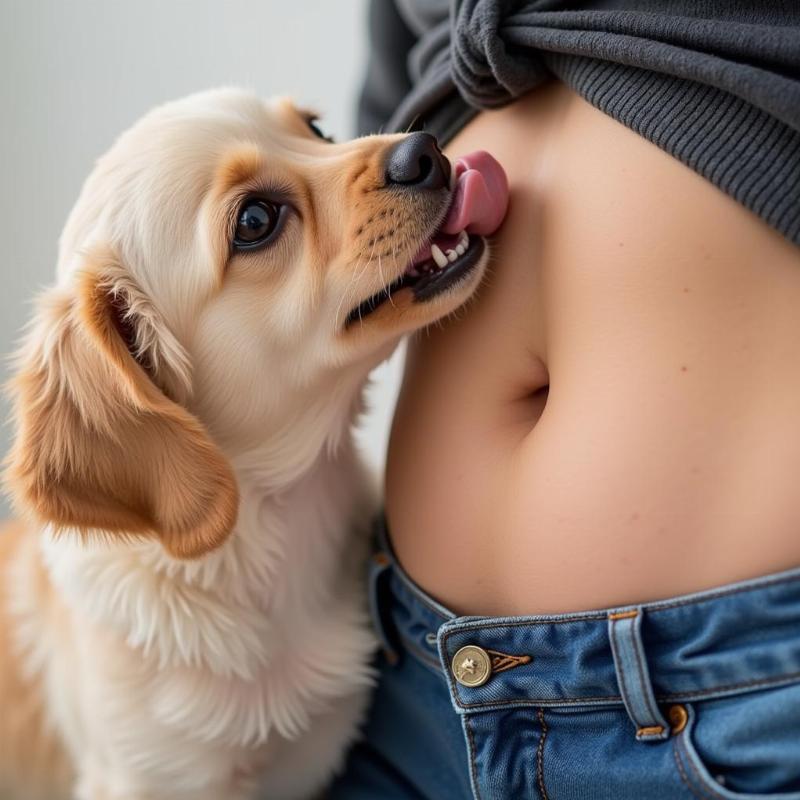 Dog licking owner's belly button