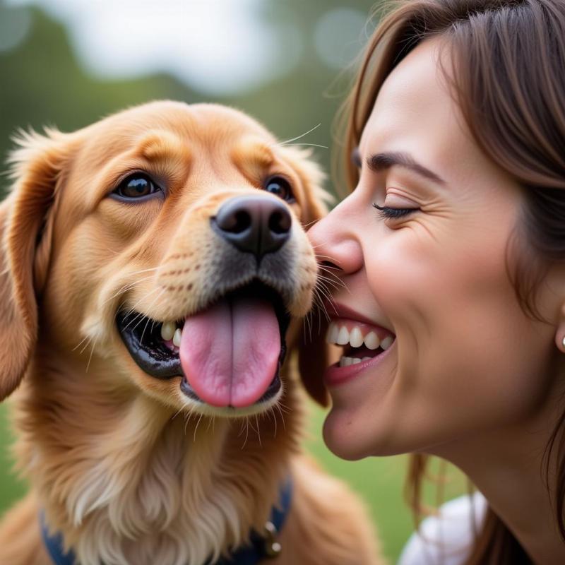 Dog licking owner's face, showing affection and bonding