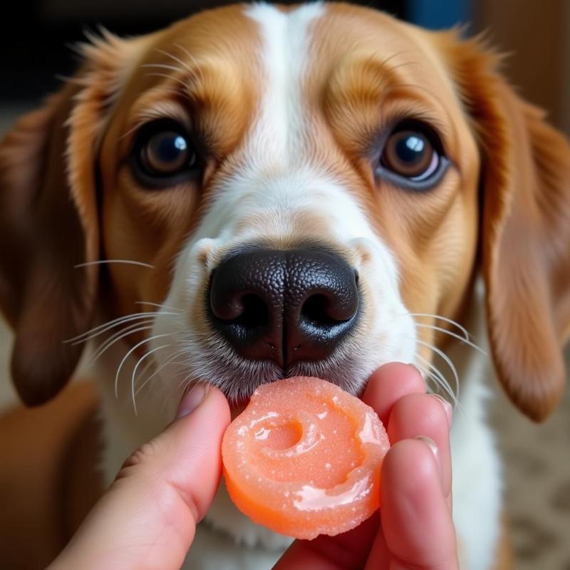 Dog looking longingly at salt water taffy