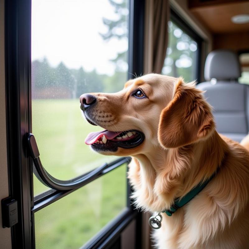 Dog Looking Out RV Screen Door