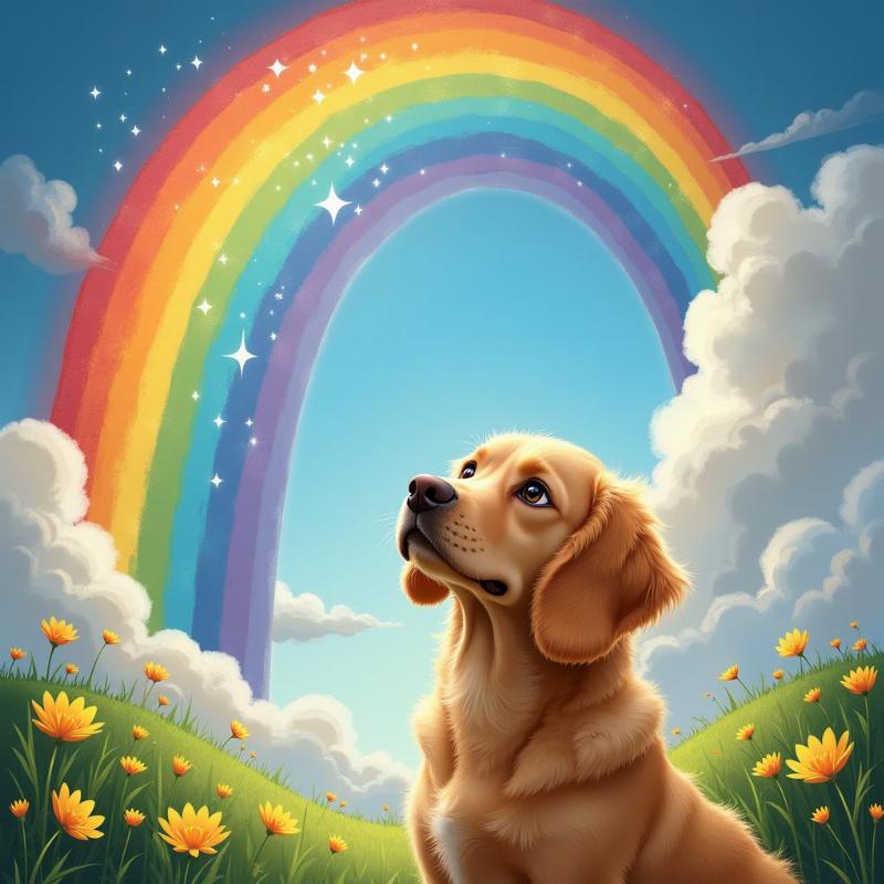 A dog looking up at the Rainbow Bridge