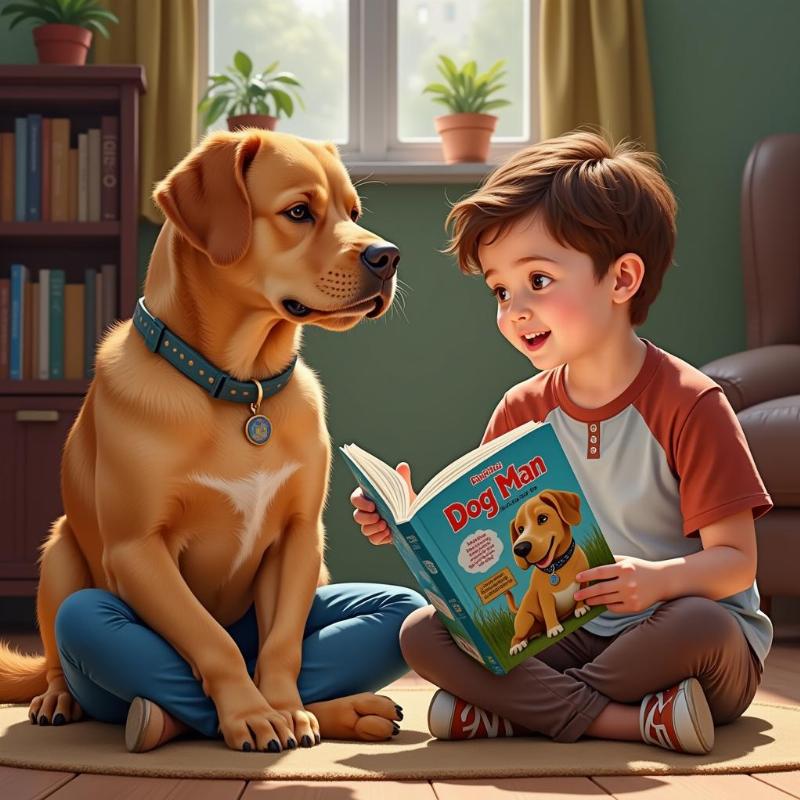 Child Reading Dog Man with their Dog