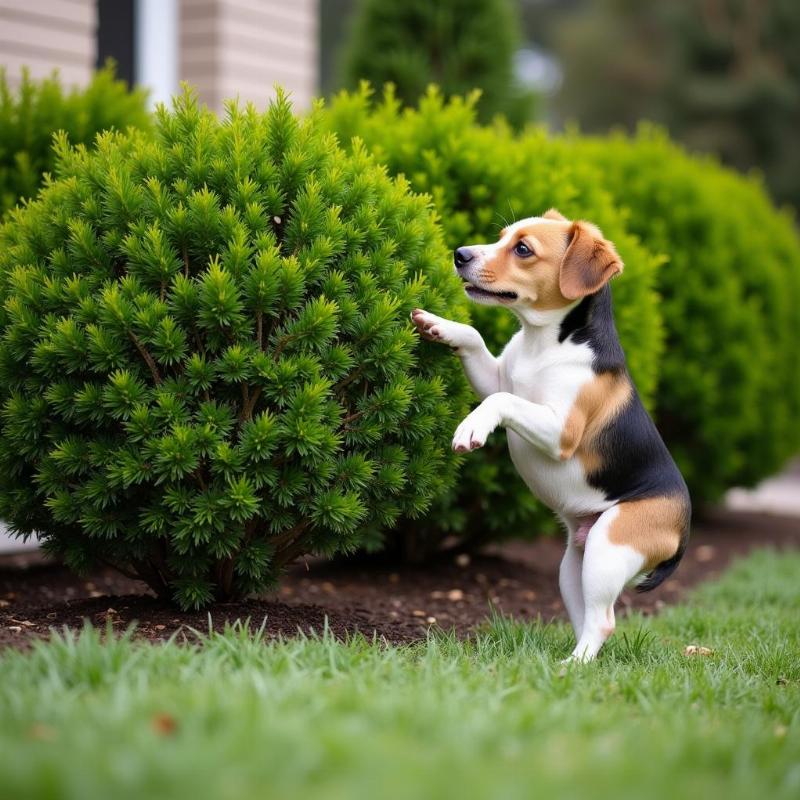 Dog marking territory on a shrub