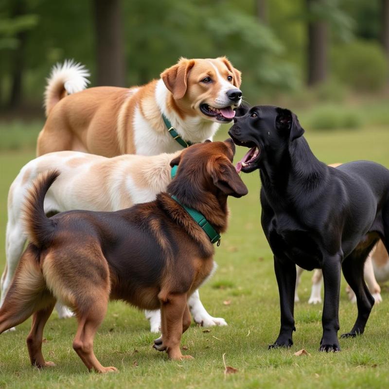 Understanding Dog Pack Dynamics:  An image depicting a group of dogs interacting, showcasing the nuanced dynamics within a dog pack, rather than a rigid hierarchy.