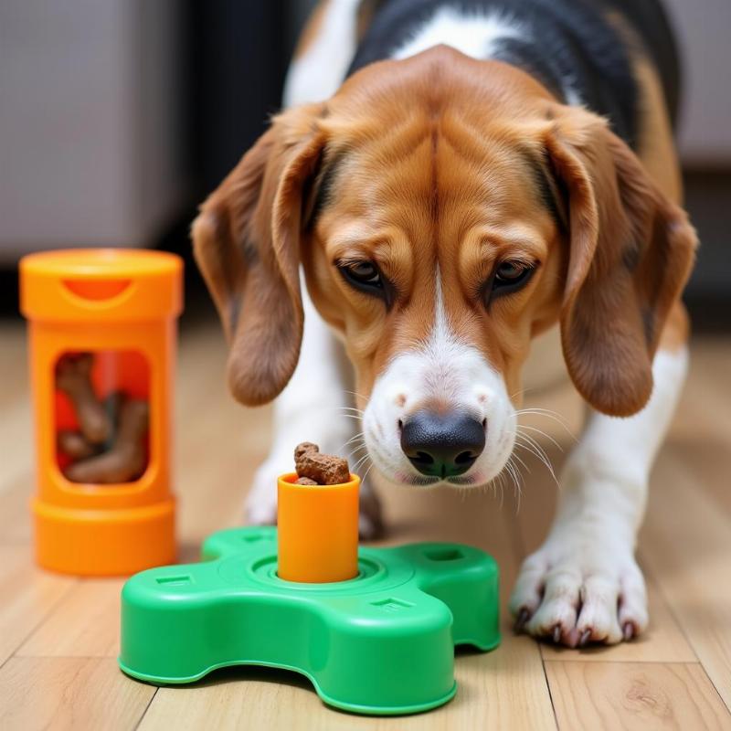 Dog playing with an interactive puzzle toy