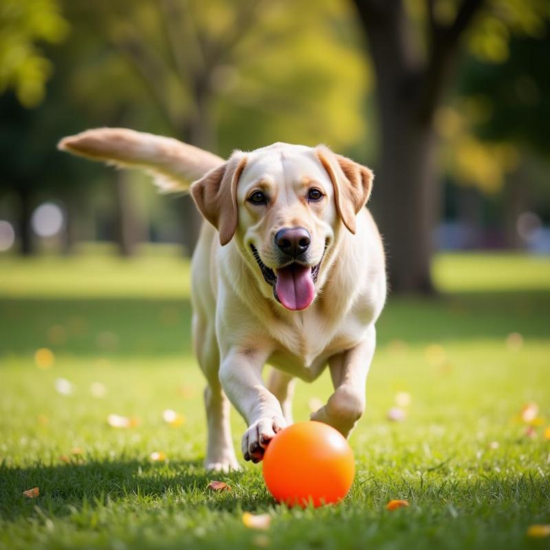 A dog playing fetch with a Jolly Egg Ball on grass