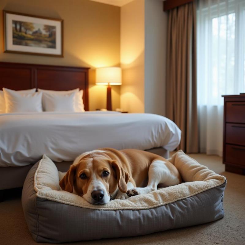 Dog relaxing in a hotel room at a dog-friendly hotel in Russian River