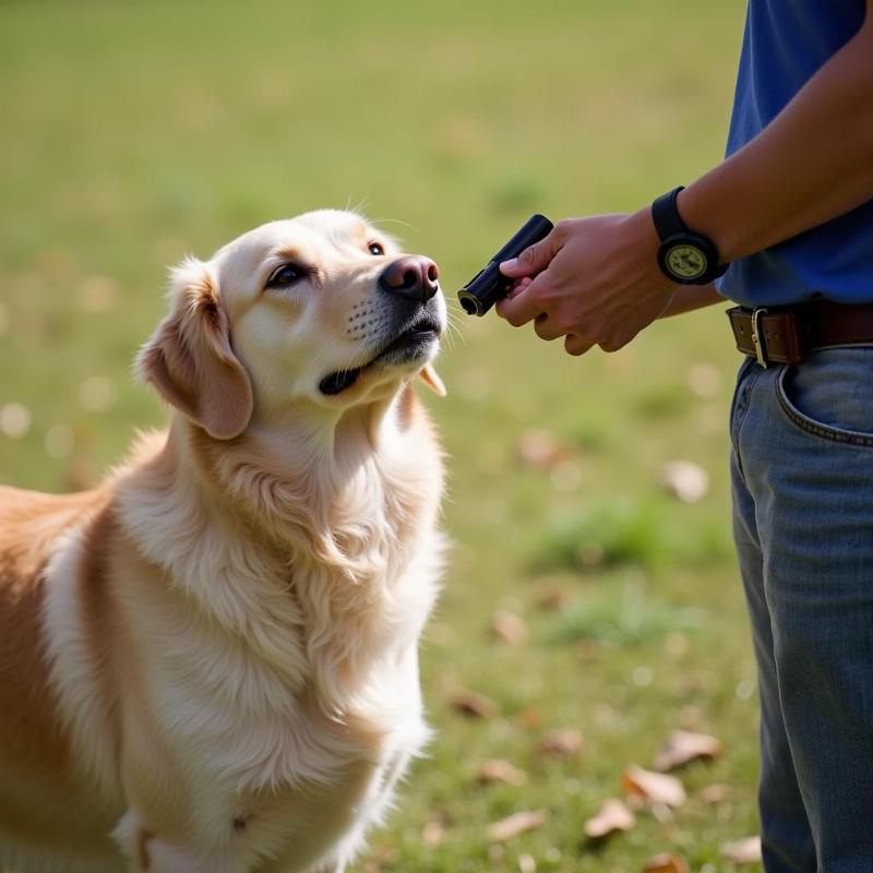 A dog looking attentively at its owner holding the Acme 535