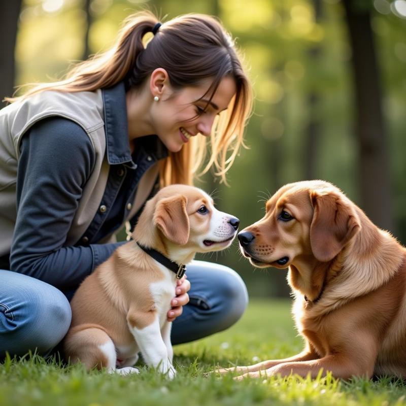 Dog Trainer Working With Puppy and Older Dog