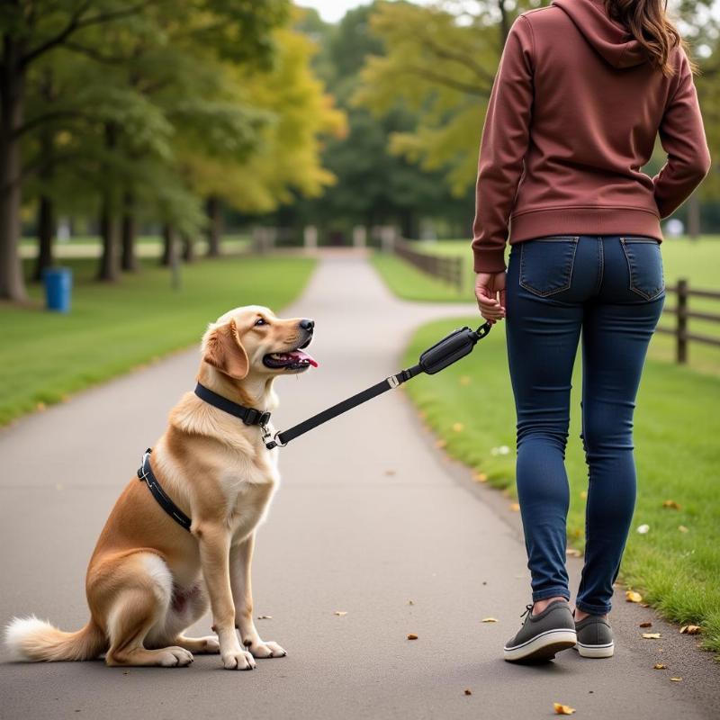 Dog undergoing training with retractable leash