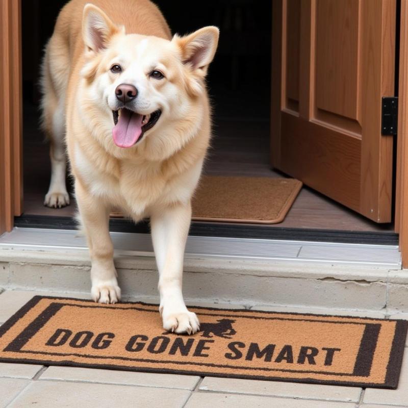 Chó đang sử dụng thảm chùi chân thông minh Dog Gone Smart.