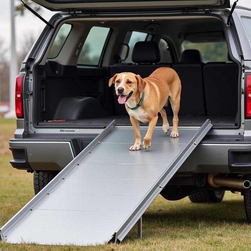 Dog using a ramp to enter a truck