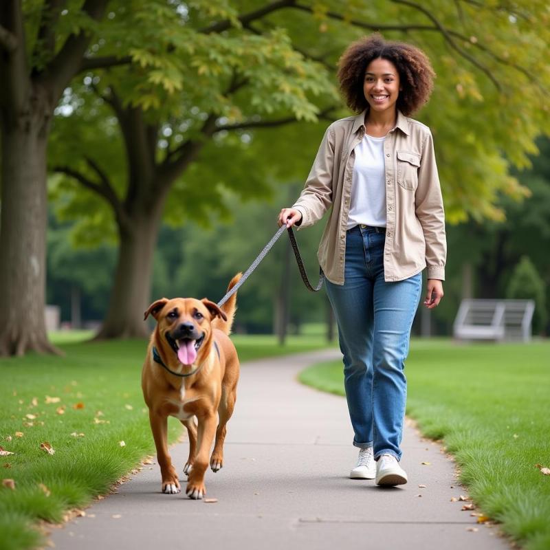 A person walking their dog on a leash in a clean park