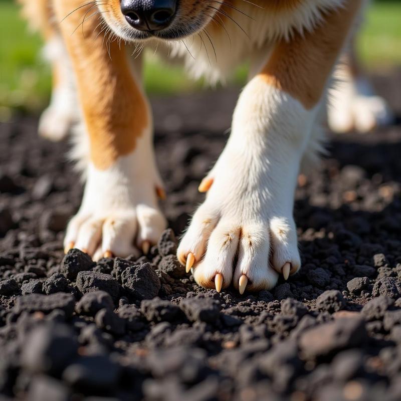 Dog cautiously walking on hot rubber mulch