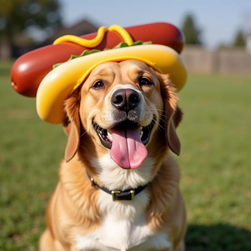 Dog Wearing a Bad Birdie Hot Dog Hat Safely