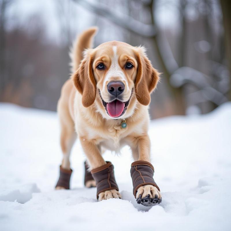 A dog wearing booties walking in the snow