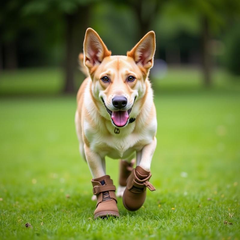 Dog Wearing Boots Walking on Grass