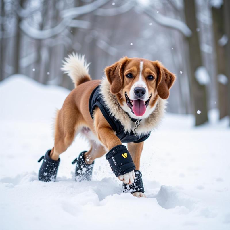 A dog wearing Muttluks dog boots playing in the snow