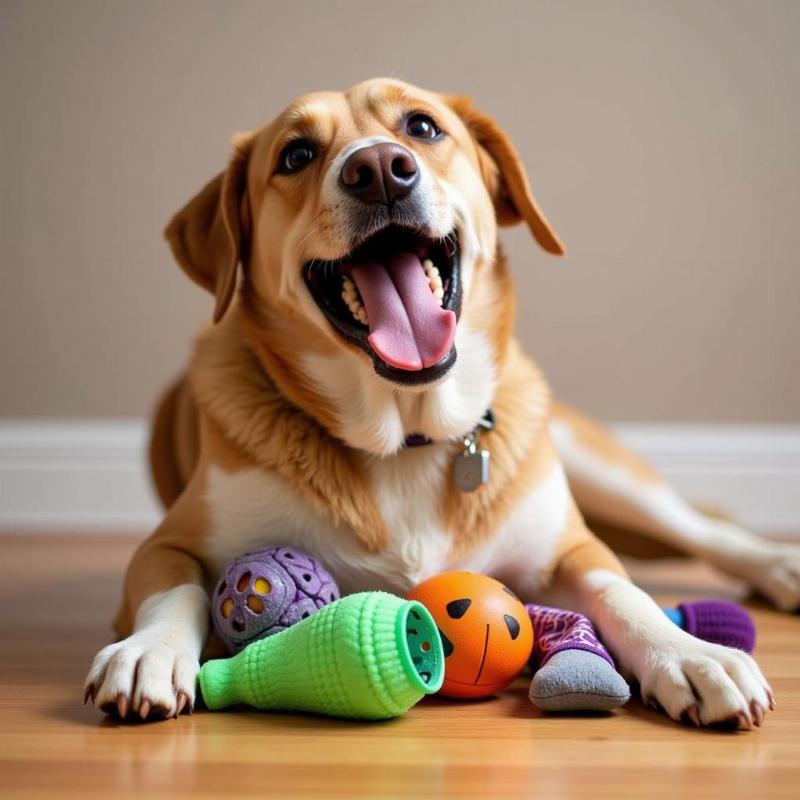 Dog playing with safe chew toys