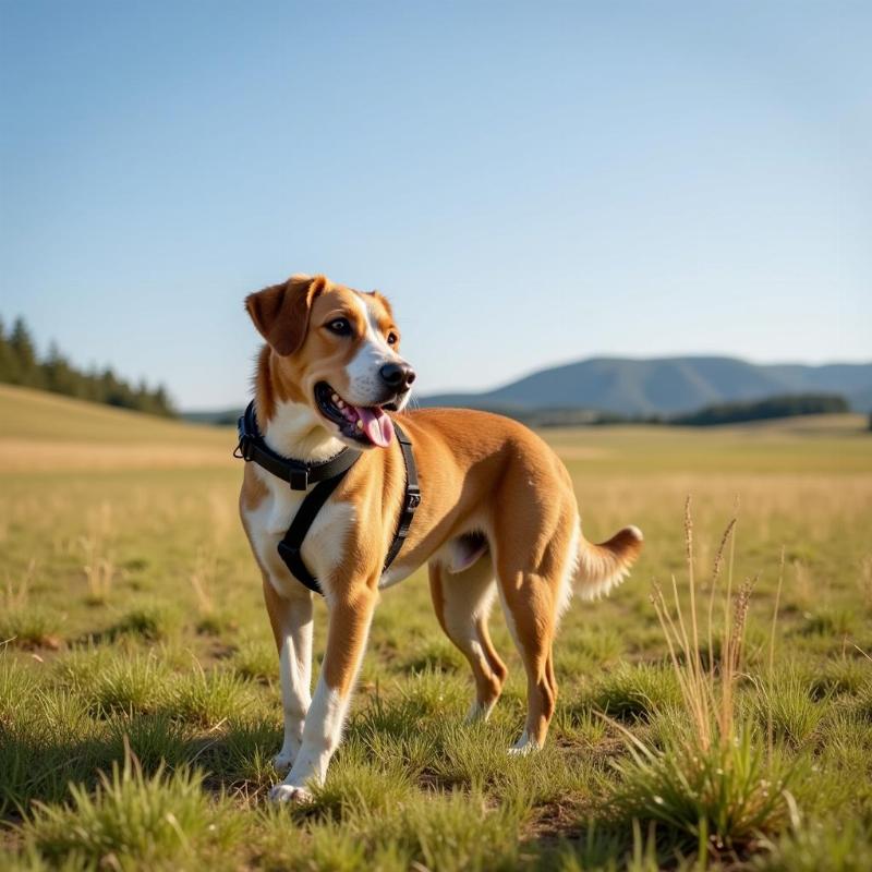 Dog with a shock collar in an open field