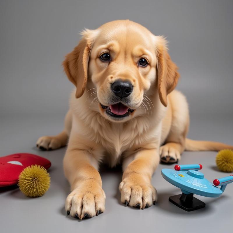 Dog with Star Trek toys