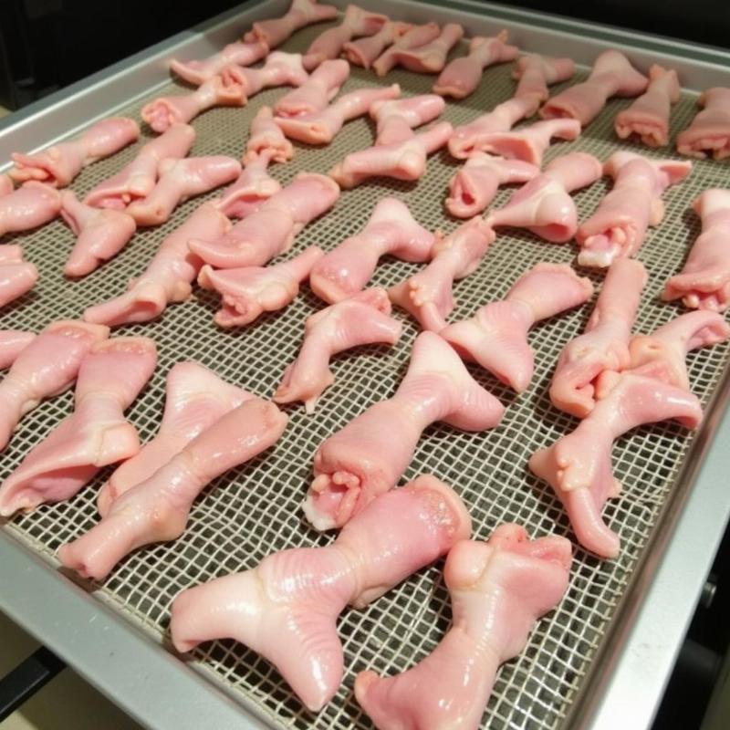 Duck feet arranged on dehydrator trays for drying