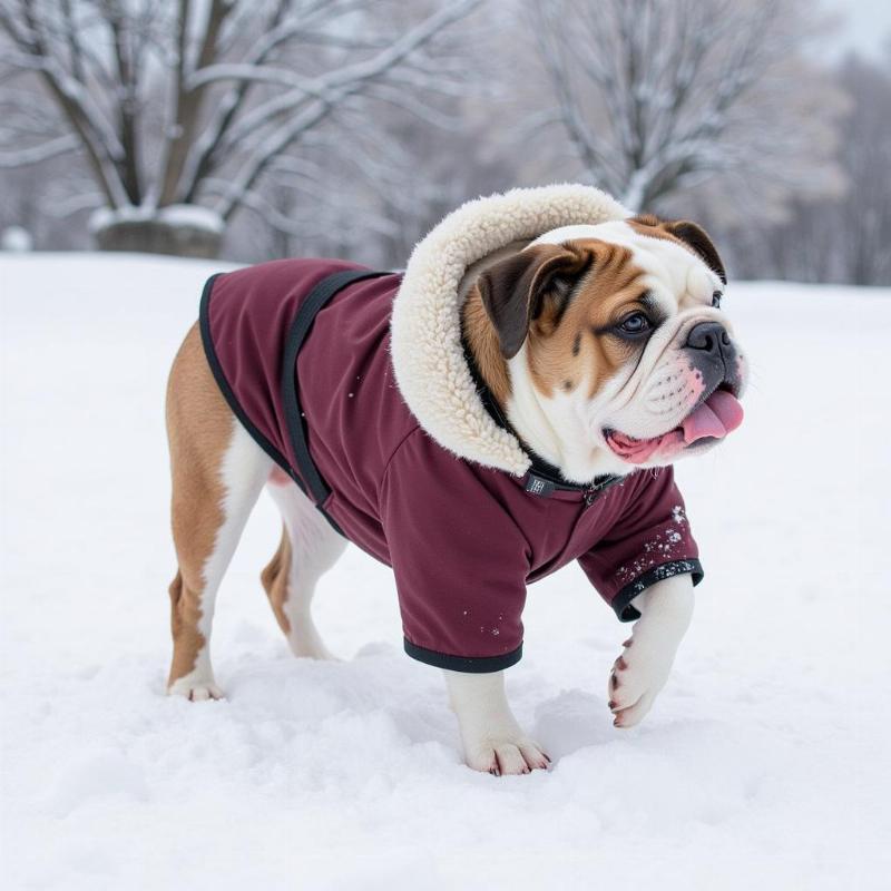 English Bulldog Wearing a Winter Shirt in the Snow