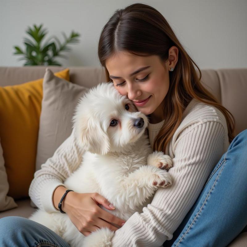 Adorable female dog cuddling with its owner